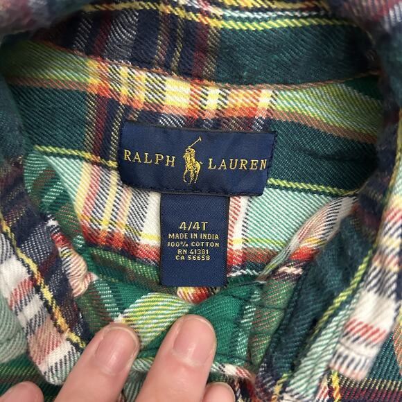 Ralph Lauren Boys 4T Plaid Flannel Button Down Long Sleeve Shirt Green Designer - Picture 7 of 11